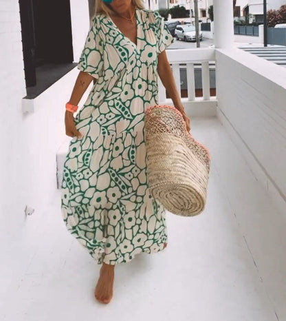 Eleonor- Elegancka Zielona Sukienka Maxi Z Krótkim Rękawem Dla Kobiet