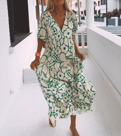 Eleonor- Elegancka Zielona Sukienka Maxi Z Krótkim Rękawem Dla Kobiet