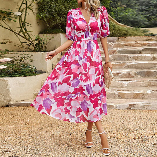 Lilla- Stylowa sukienka z nadrukiem, latarnianymi rękawami i eleganckim krojem