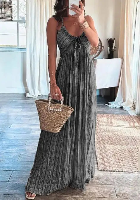 Olesia - Damska modna sukienka maxi na ramiączkach z dekoltem w kształcie V i wysokim stanem