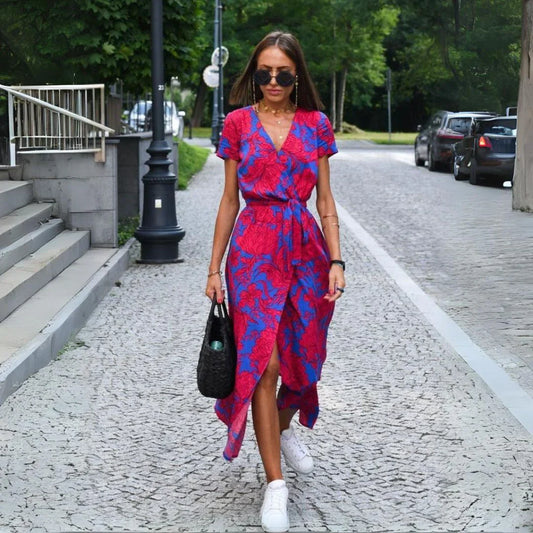 TESS | Elegancka Sukienka z Dekoltem w Serek i Zakryciem Brzucha